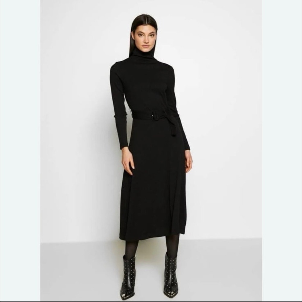 Club Monaco Melissa Black Ribbed Knit Turtleneck Long Sleeve Midi A-Line Dress
